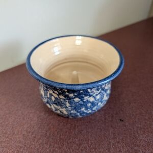 Studio Art Hand Thrown Pottery Apple Baker Signed Blue and Cream Ceramic Bowl